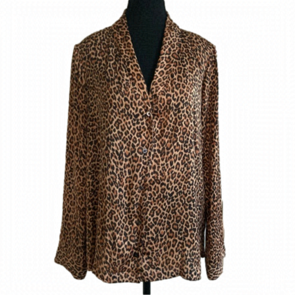 SOMETHING Navy leopard print silky button up blouse. Size M - Picture 1 of 8